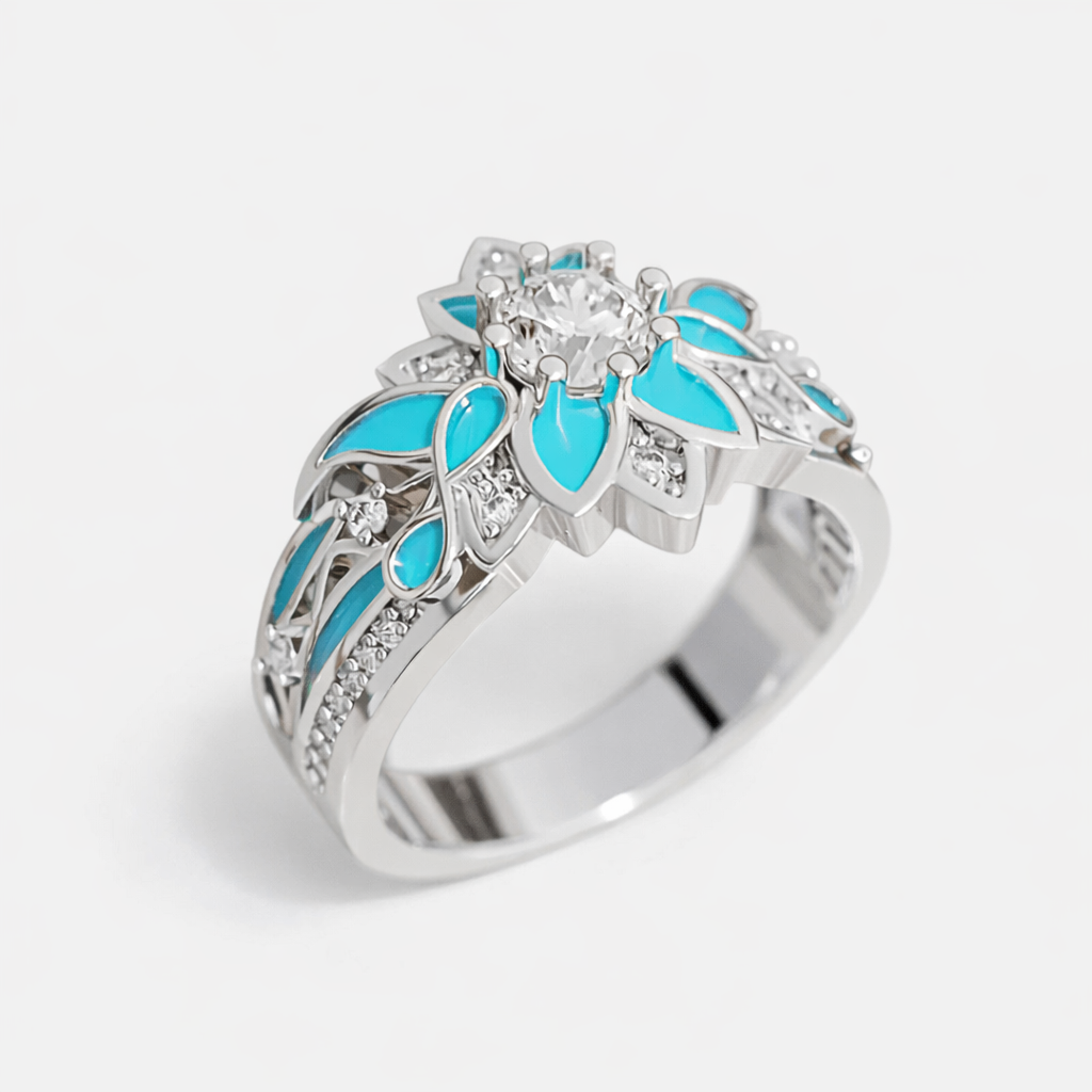 Inel elegant cu cristal în formă de floare, de culoare turcoaz