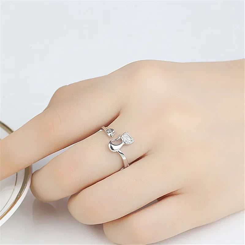 Inel deschis drăguț cu pisică – zirconiu cubic