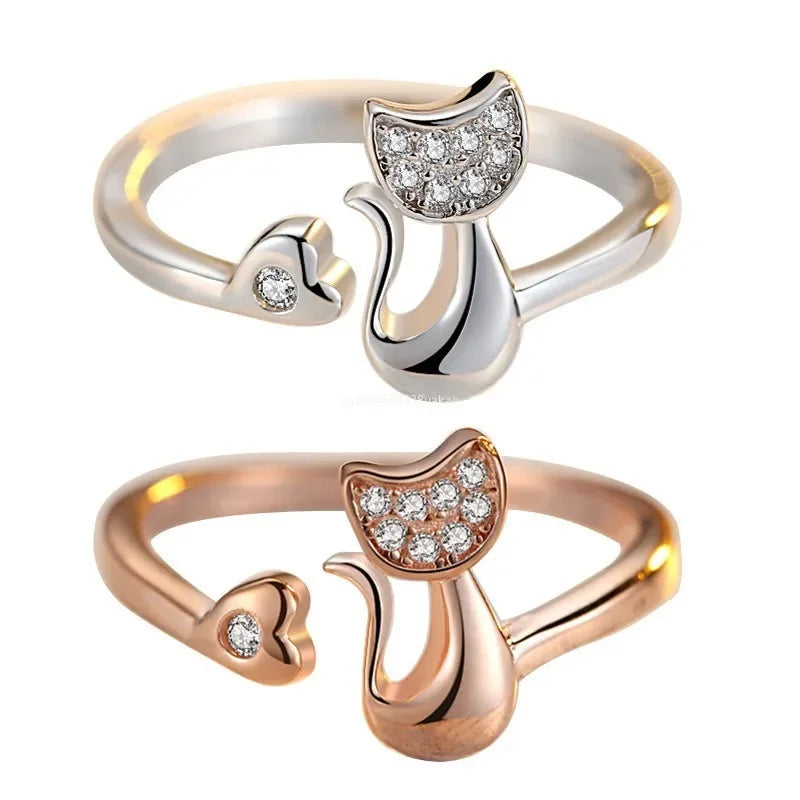 Inel deschis drăguț cu pisică – zirconiu cubic