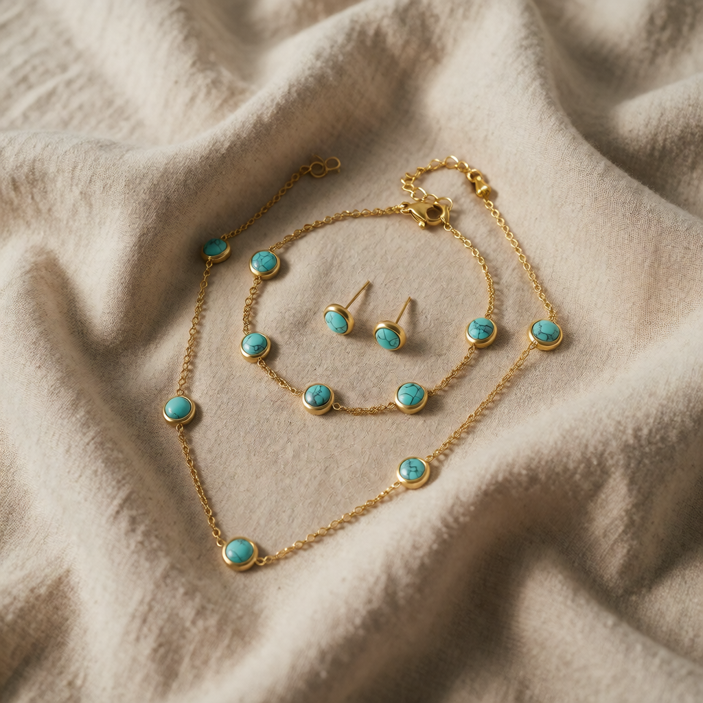 Set boho de culoare argintie: colier, cercei și brățară cu turcoaz