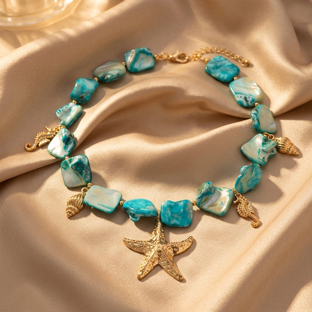 Colier boho cu pandantiv stea de mare din pietre