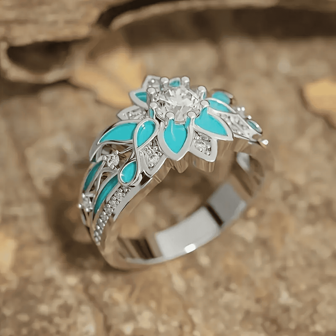 Inel elegant cu cristal în formă de floare, de culoare turcoaz