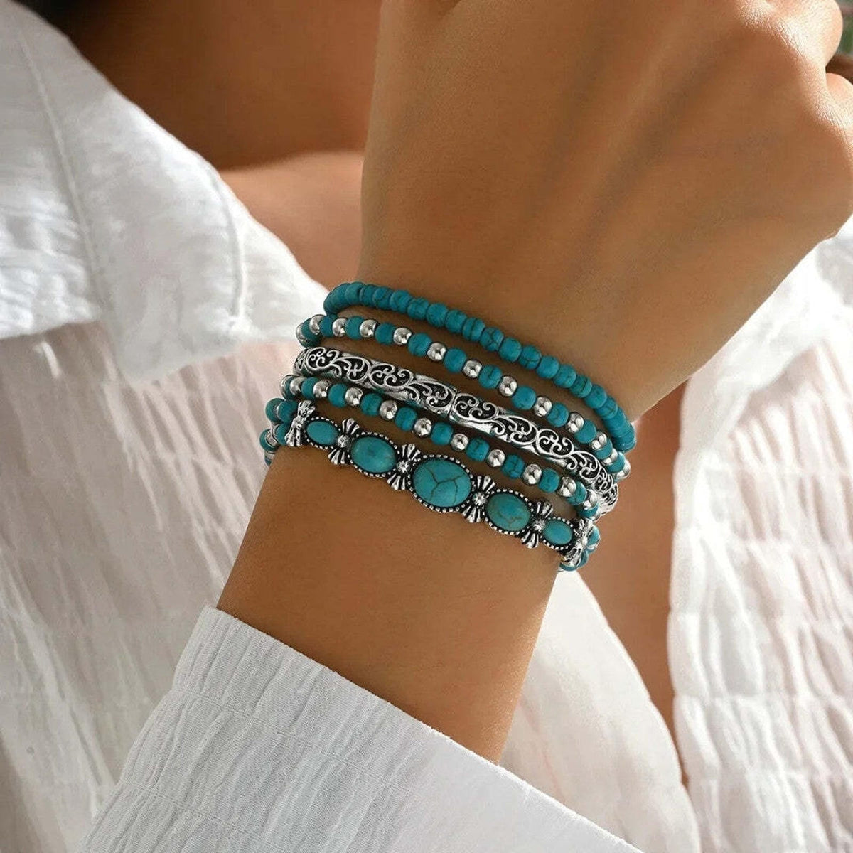 Set de brățări boho cu mărgele de culoare turcoaz
