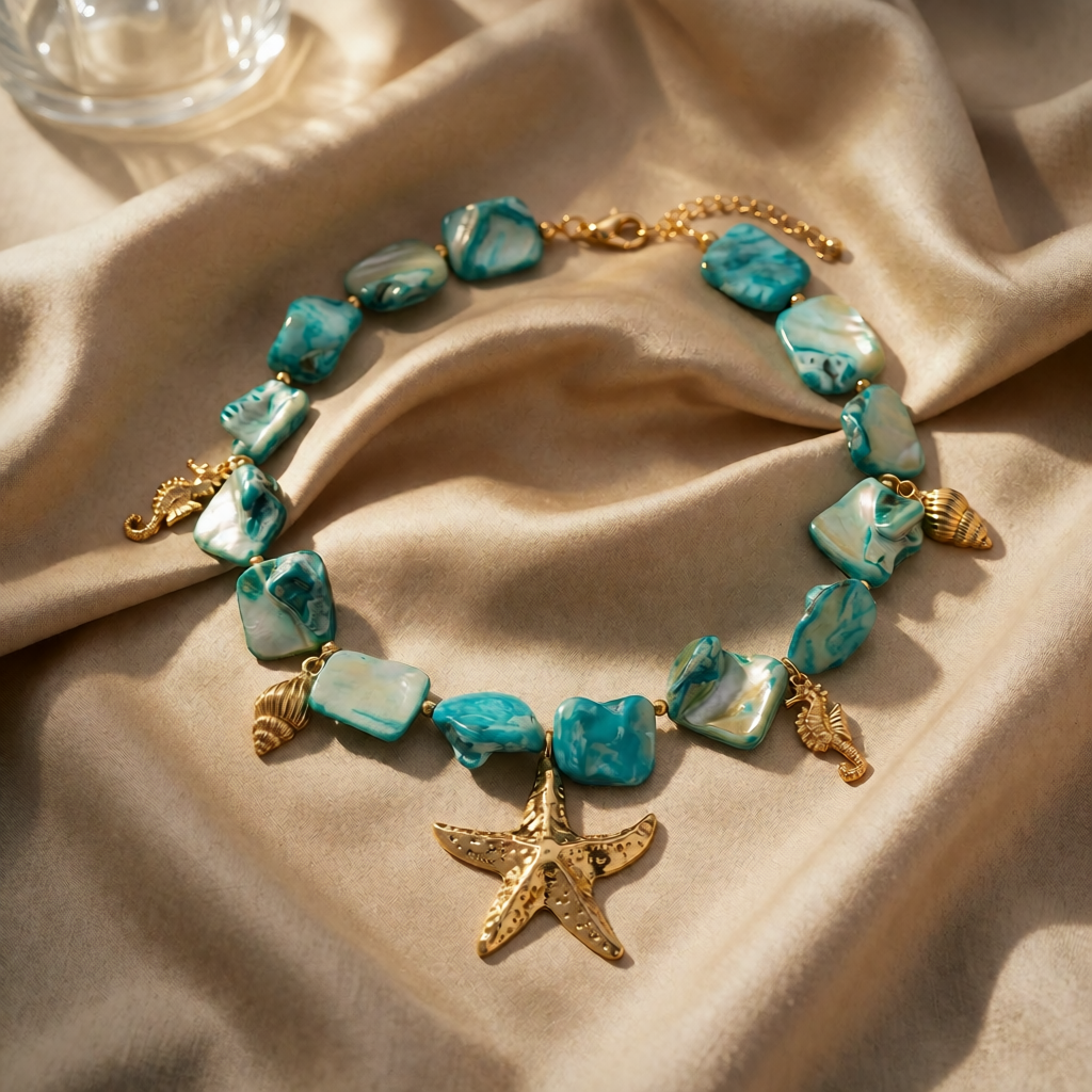 Colier boho cu pandantiv stea de mare din pietre