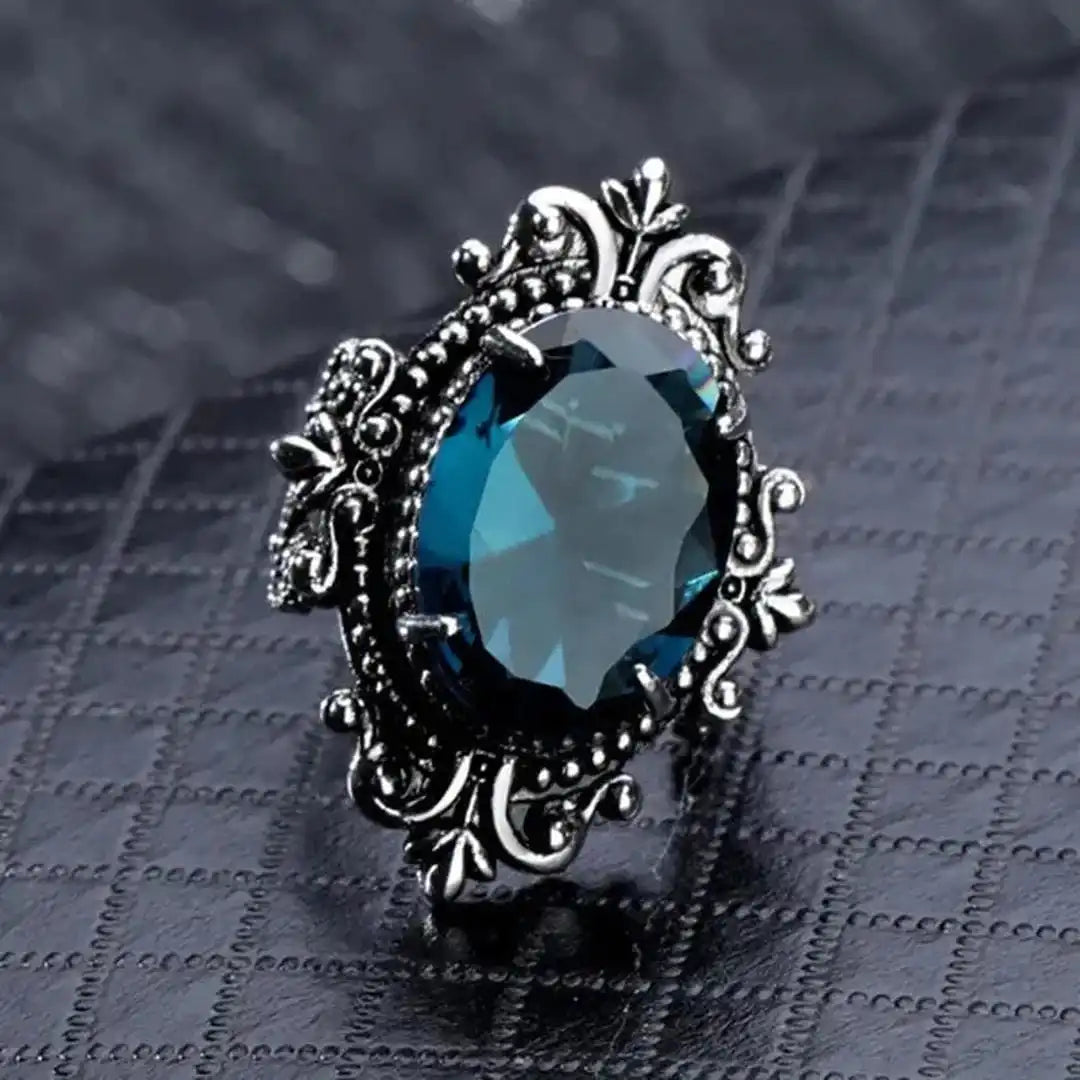 Inel vintage oval cu zirconiu albastru, de culoare argintie