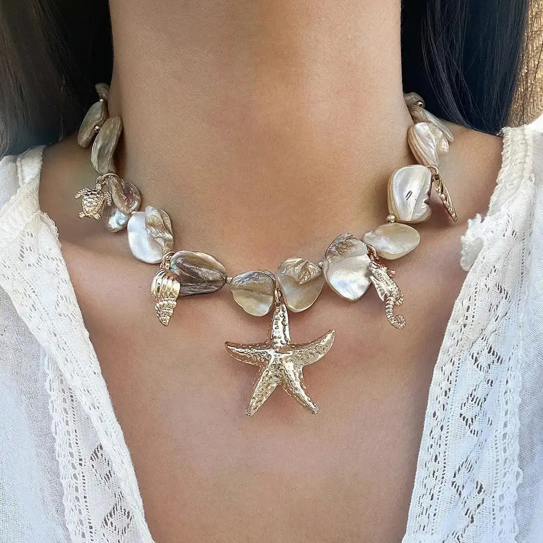 Colier boho cu pandantiv stea de mare din pietre