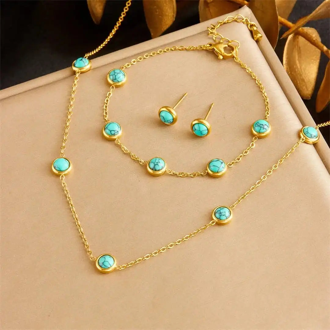 Set boho de culoare argintie: colier, cercei și brățară cu turcoaz