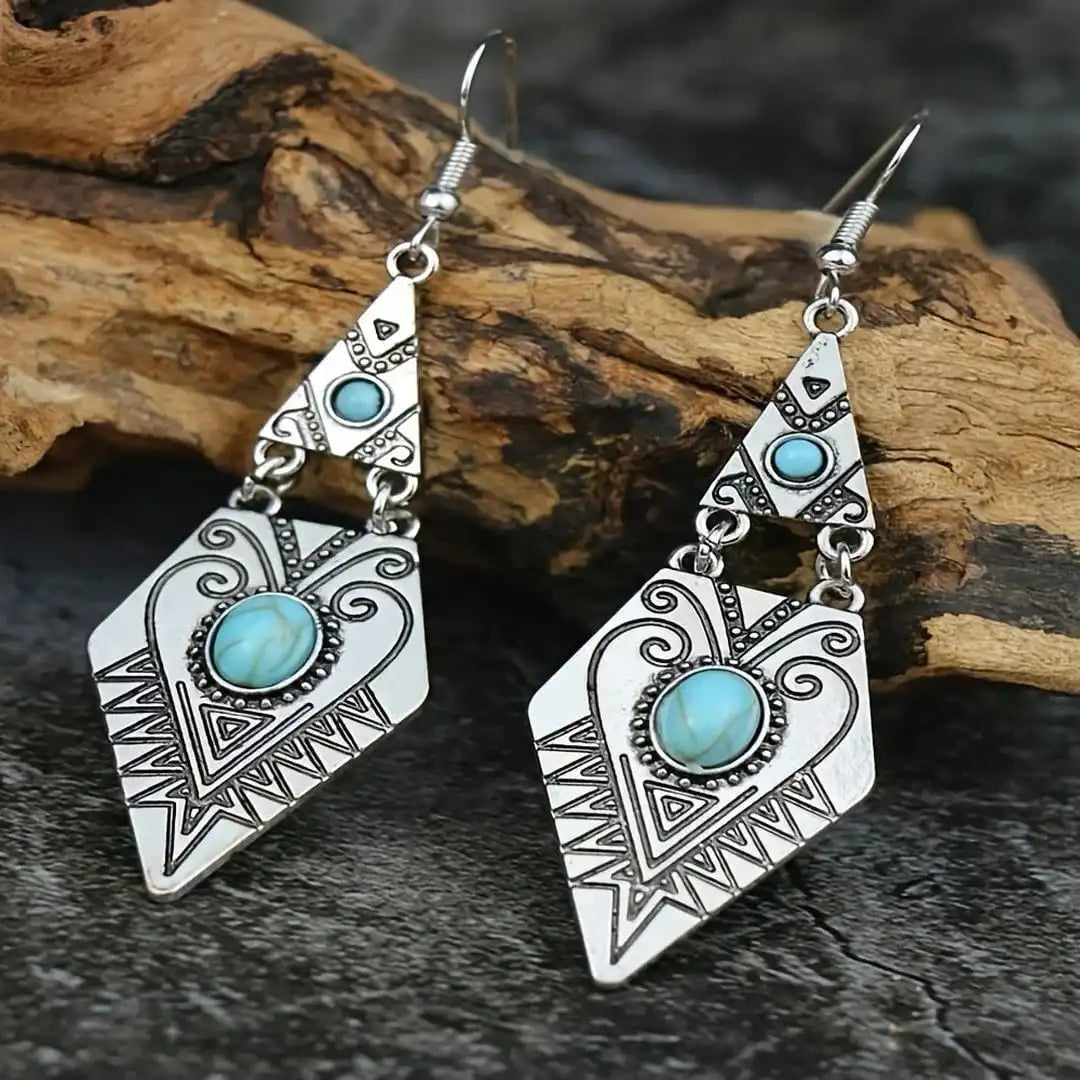 Cercei vintage boho în formă de romb, de culoare turcoaz