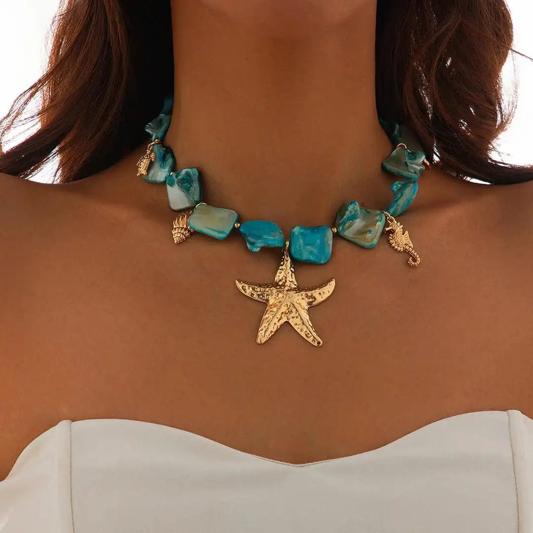 Colier boho cu pandantiv stea de mare din pietre