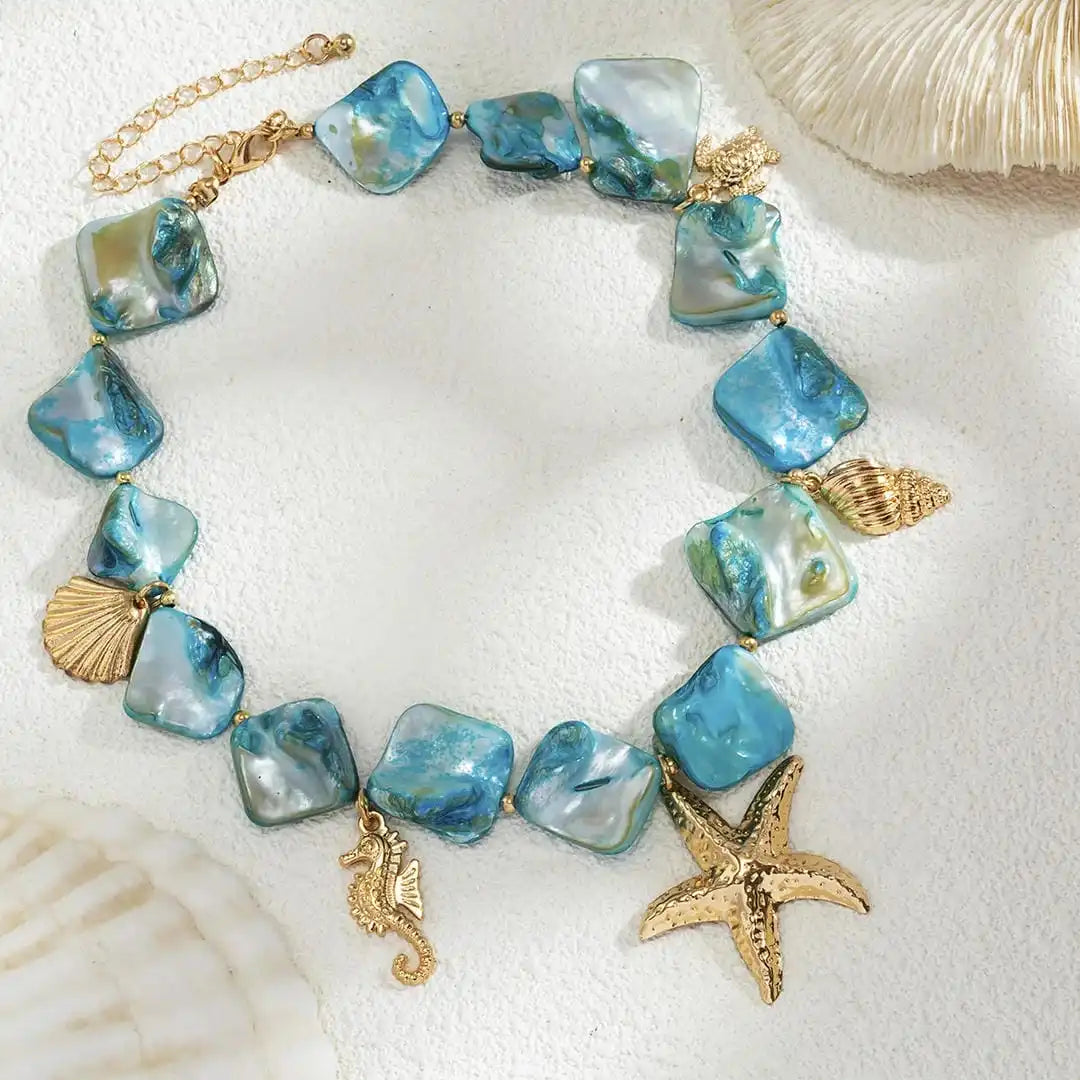 Colier boho cu pandantiv stea de mare din pietre