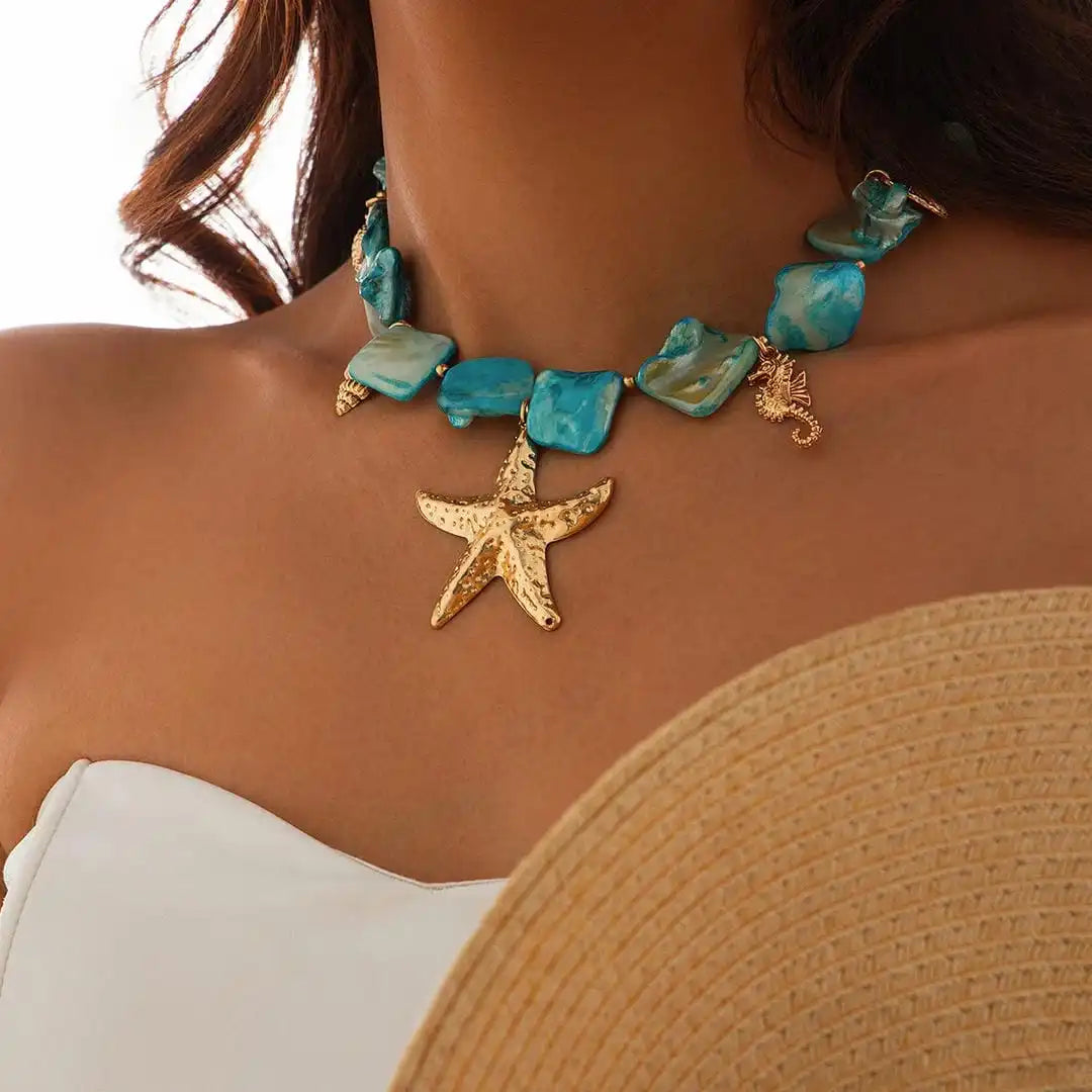 Colier boho cu pandantiv stea de mare din pietre