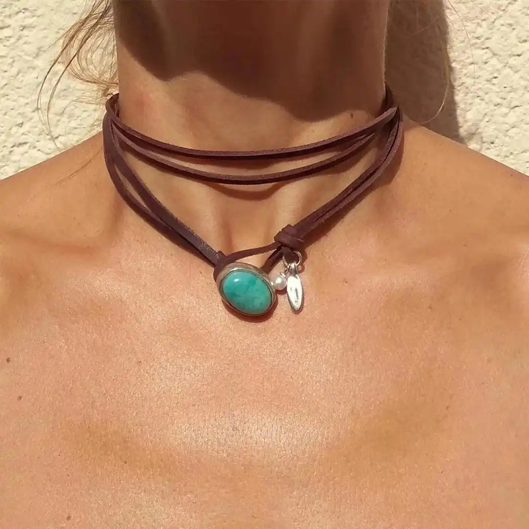 Colier vintage boho cu pandantiv de culoare turcoaz