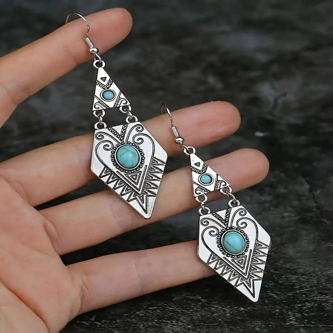 Cercei vintage boho în formă de romb, de culoare turcoaz