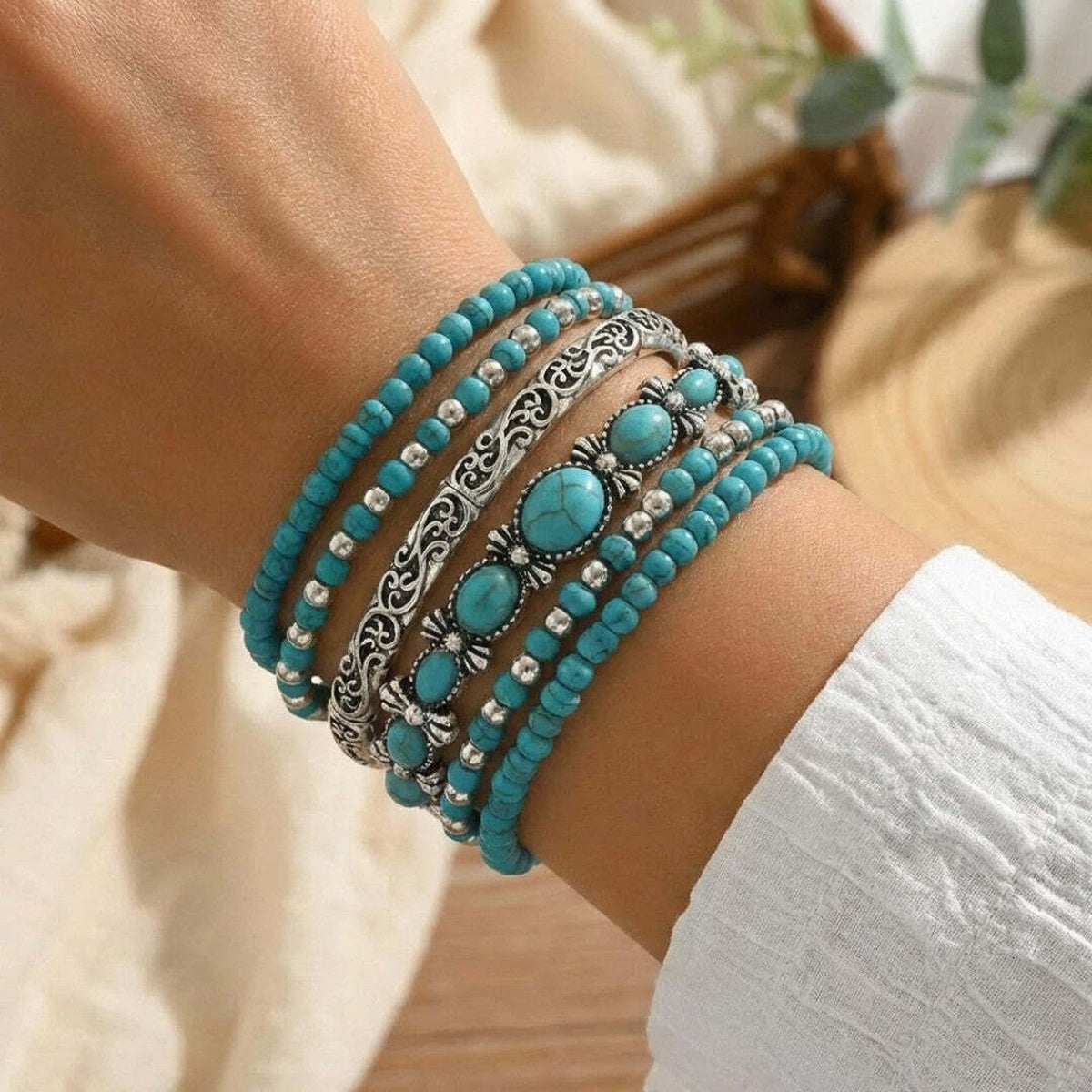 Set de brățări boho cu mărgele de culoare turcoaz